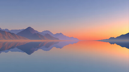 Obraz premium Mountain lake reflection sunset with tranquil smooth water and soft lighting in peaceful natural landscape