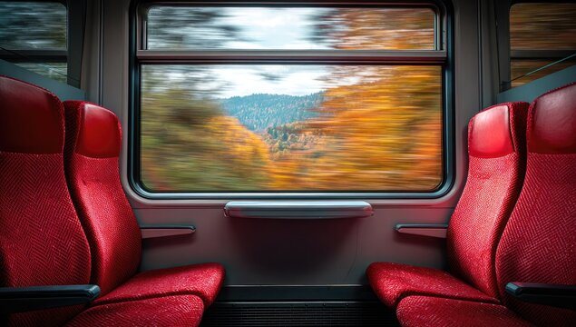 Interior of a train car, autumn scenery through the window
