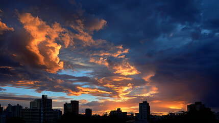 Dramatic sunset behind city skyline, buildings in dark silhouette with glowing clouds.