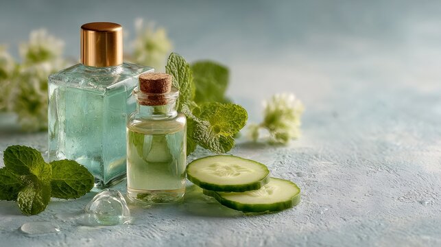 Natural cucumber and mint cosmetics promoting wellness and skincare