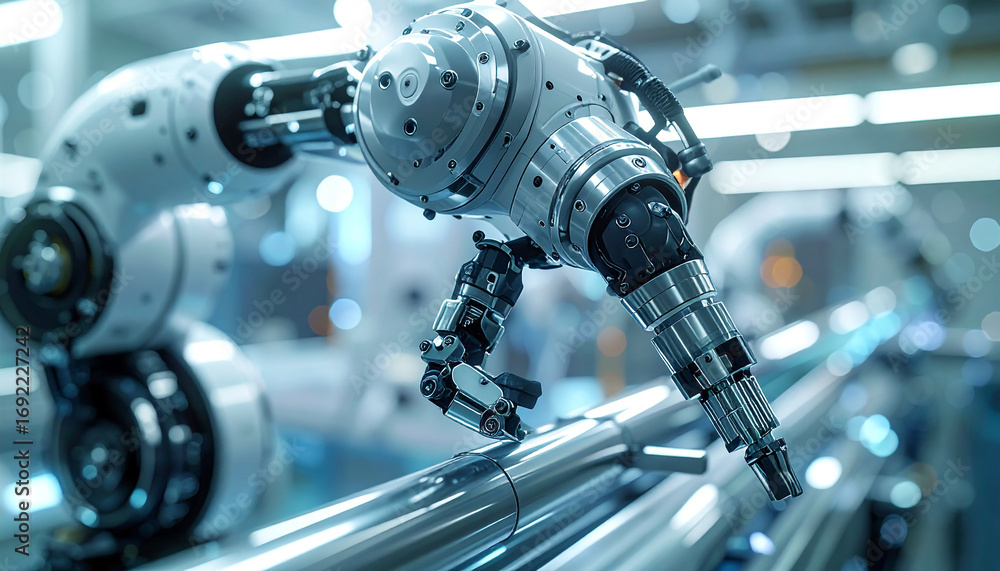 Poster precision robotics: a robotic arm meticulously works, highlighting the intricacies of high-tech engi