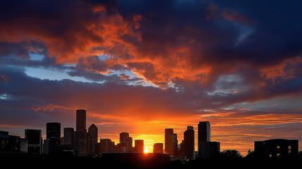 Dramatic sunset behind city skyline, buildings in dark silhouette with glowing clouds.