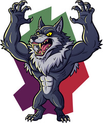 Werewolf character roaring, perfect for Halloween posters, t-shirts, party invitations, and spooky merchandise.