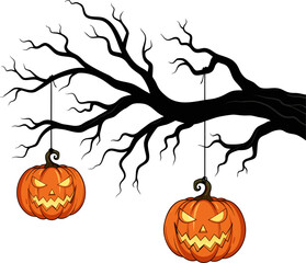 Halloween themed branch with two glowing jack-o’-lanterns hanging, perfect for seasonal designs, party invitations, and digital decorations.