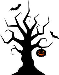 Dark spooky tree silhouette with a carved pumpkin lantern hanging, perfect for Halloween decorations, posters, and party invitations.