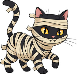 Adorable black cat wrapped in mummy bandages, perfect for Halloween kids’ designs, party invitations, and seasonal decorations.