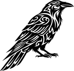 Artistic tribal raven illustration in bold black lines, ideal for tattoos, gothic designs, Halloween themes, and fantasy artwork.
