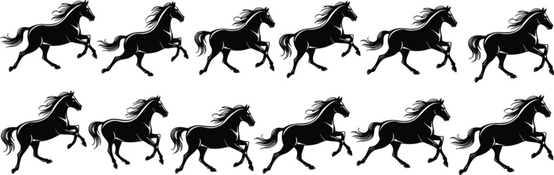A collection of black running horse silhouettes isolated on white, a vector graphic set ideal for equestrian sports, farm themes, or decorative border