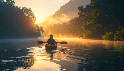 Sunrise Kayak Adventure in a Misty River