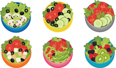 Colorful Assorted Salad Bowls with Fresh Vegetables and Fruits, Healthy Vegetarian Food Concept for Nutrition, Diet, Wellness, and Design