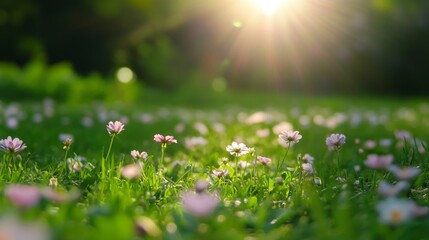 Fototapeta premium A field of delicate pink wildflowers in a lush green meadow, bathed in warm, golden sunlight.