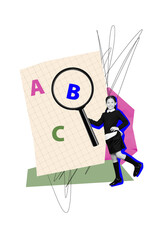 Vertical photo collage of happy girl hold magnifier loupe paper sheet letters zoom education...