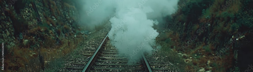 Poster a misty scene of railroad tracks disappearing into the distance, surrounded by greenery and envelope