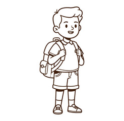 Smiling school boy with backpack ready to start school day in simple line art