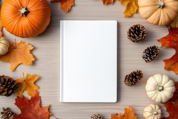 Blank notebook surrounded by autumn leaves, pumpkins, and pine cones on wooden surface
