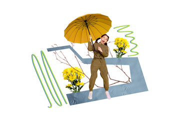 Composite photo collage of astonished girl hold yellow parasol chrysanthemum bouquet bloom flowers...