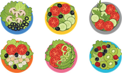 Colorful Fresh Salad Bowls with Vegetables and Fruits, Healthy Meal Options, Vegetarian Food Concept for Nutrition and Wellness Design