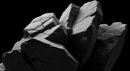 Dramatic close-up of stark grey rock formations against a deep black background showcasing rugged texture