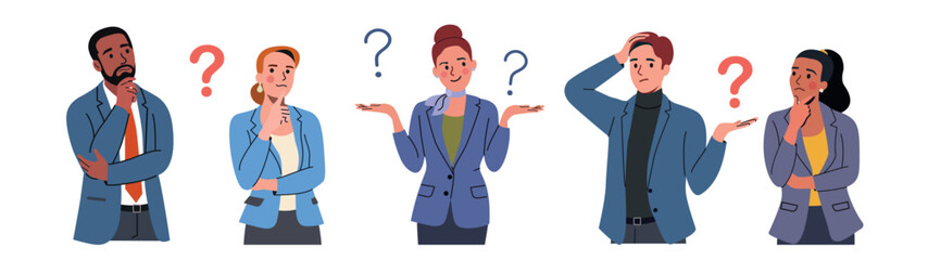 Different young business women and men surrounded by a question mark. Flat style cartoon vector illustration.