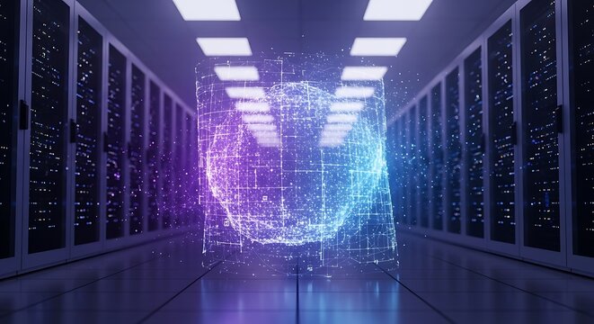 Data center with digital globe hologram for global network.