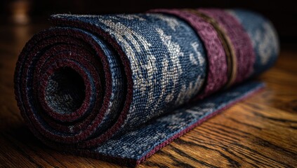 Rolled yoga mat with patterned fabric