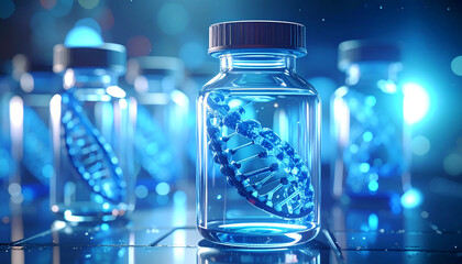 Molecular Marvel: A mesmerizing display of scientific advancement featuring vials, each encapsulating a shimmering DNA helix, all bathed in a futuristic neon glow. 