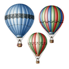 Naklejka premium Three vintage hot air balloons with colorful stripes and intricate patterns isolated on transparent background