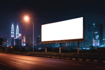 Fototapeta premium Blank white road billboard with KL cityscape background at night time. Street advertising poster, mock up. Side view. The concept of marketing communication to promote or sell idea