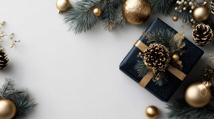 Christmas gift box decorated with golden pine cones and ornaments