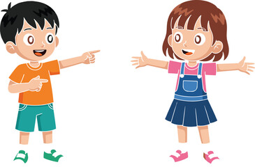 Cute cartoon boy and girl happily interacting, pointing and welcoming with open arms, perfect for children, education, friendship, and school themes.Cute cartoon boy and girl happily  