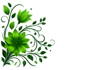 Luminous green floral arrangement with intricate dark swirls creating elegant decorative border design white background