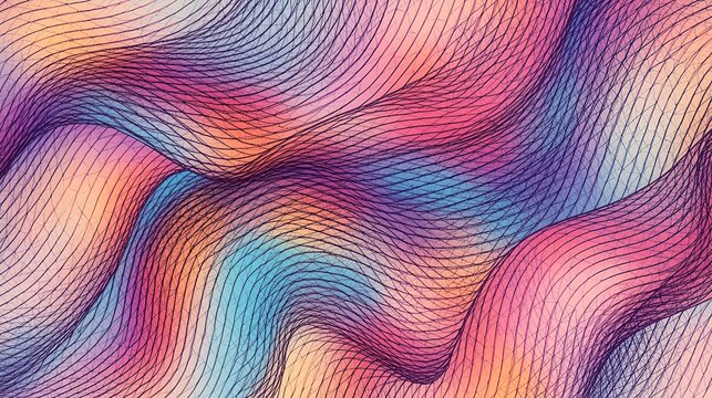 Abstract waves formed by curved black lines on a multicolored pastel gradient background