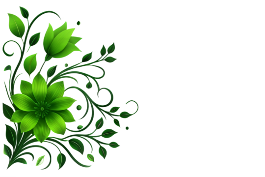 Luminous green floral arrangement with intricate dark swirls creating elegant decorative border design white background