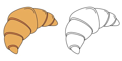 Classic French Croissant Delicious Pastry in Two Vector Styles, Colored and Outline, for Coloring Sheet