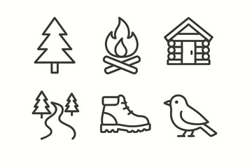 Outdoor adventure symbols: trees, campfire, cabin, trail, hiking boot, bird