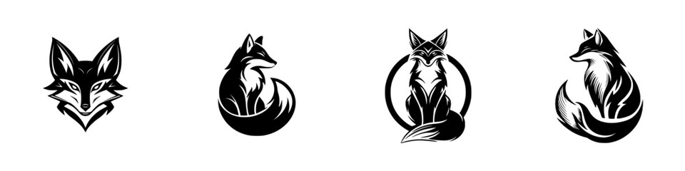 Set of black and white fox logo icons in a stylized graphic design for branding or mascot use isolated on a white background