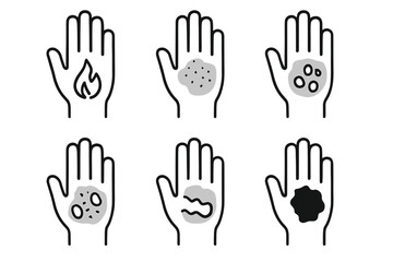 Fototapeta premium Illustration of six hand conditions: burn, rash, spots, wounds, bumps, blotch