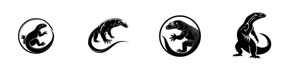 Set of four Komodo dragon black and white silhouette icons for logo or emblem design isolated on a white background
