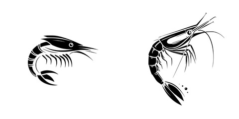 Two black and white shrimp icons in a stylized graphic design for a seafood restaurant logo or menu element