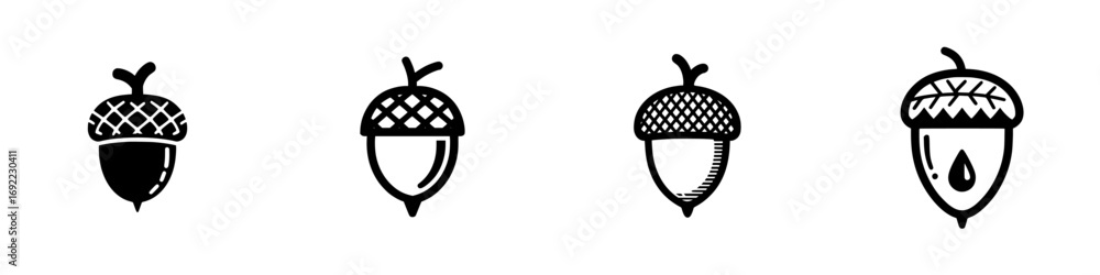Poster set of four acorn icons in different styles, including solid, outline, and detailed line art for nat