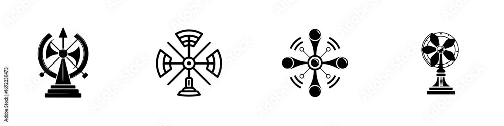 Poster simple black fan and propeller icon set with different styles including classic table fan and abstra