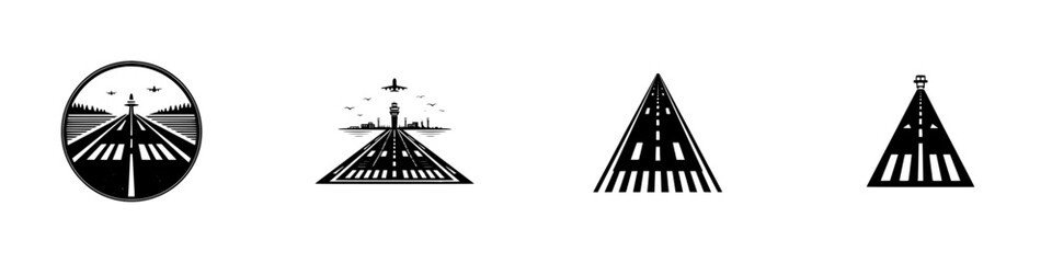 Set of four black and white airport runway logos with airplane and control tower silhouettes for aviation and travel branding © Andrei