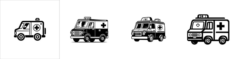 Set of four black and white ambulance icons for medical emergency services and hospital transport vehicle graphics