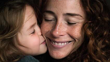 Close-up of a young girl kissing her mother's cheek.  Mother and daughter, close embrace, heartwarming moment.  Joyful expressions