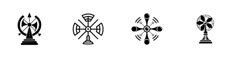 Simple black fan and propeller icon set with different styles including classic table fan and abstract modern designs for cooling equipment