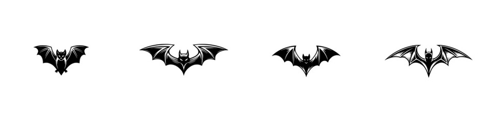 Set of four black bat silhouettes for Halloween, gothic emblems or tattoo designs isolated on a white background