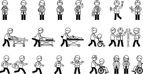 Black and white vector icons of healthcare professionals performing various tasks, including doctor, nurse, patient care, and medical emergency activities for healthcare design