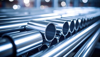 Shiny metal tubes on a conveyor belt in a factory