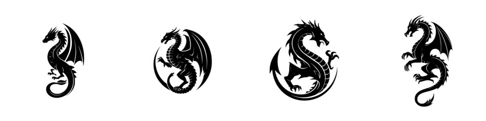 Set of four black dragon silhouettes in various poses for logos, emblems, or tattoos, mythical creature icons © Andrei
