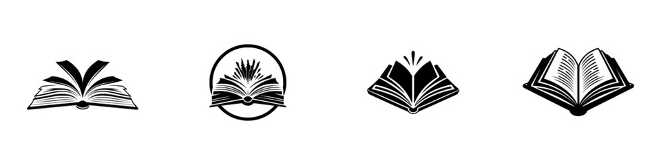 Collection of black open book logo icons representing knowledge, education, and learning isolated on a white background
